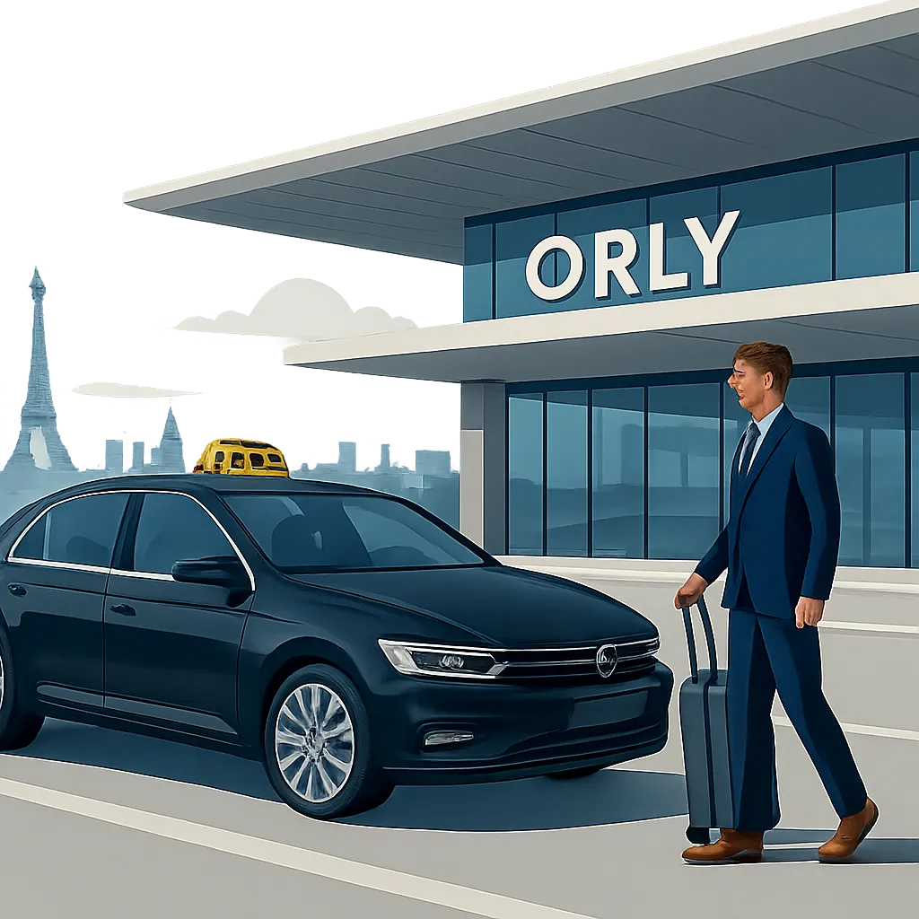 Illustration d’un taxi à l’aéroport d’Orly avec Paris en arrière-plan, évoquant un trajet simple, clair et rassurant. L’image met en avant la réservation facile et le départ sans stress.