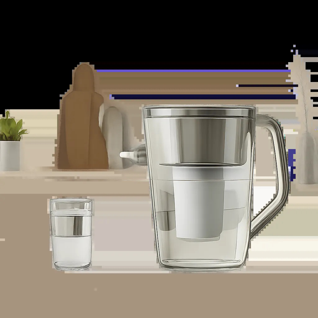 Une carafe filtrante élégante mise en scène dans une cuisine contemporaine et lumineuse. L’image évoque un usage simple, premium et quotidien.