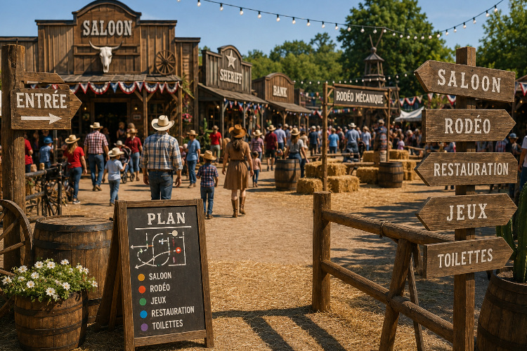 Village western avec panneaux directionnels en bois, saloon, décor de ranch et allées aménagées pour faciliter la circulation du public lors d'une fête à thème