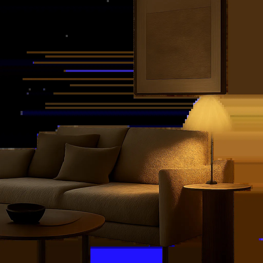 Un salon élégant éclairé par une lampe d’ambiance douce et chaleureuse. L’image illustre un espace de vie confortable, modulable et harmonieux du matin au soir.