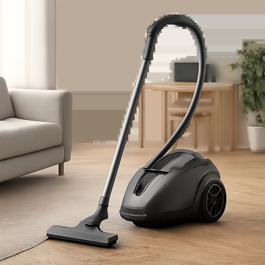 Un aspirateur traîneau élégant présenté dans un intérieur contemporain, avec des surfaces variées comme le parquet, le tapis et le bureau. L’image évoque la polyvalence, le confort d’usage et la discrétion sonore.