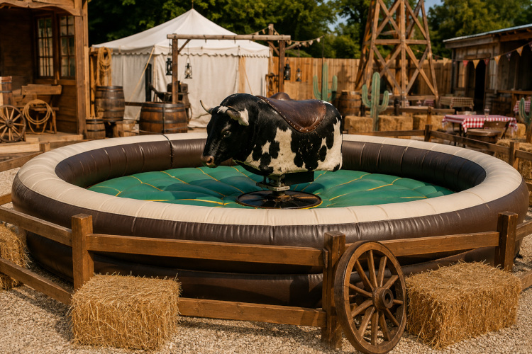 Animation de rodéo mécanique installée dans un décor de ranch western avec clôtures en bois, bottes de paille et ambiance cow-boy lors d'un événement.
